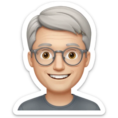 30 yr old pale white man, grey side swept hair, round glasses, big smile, white teeth, handsome, longer hair, thin glasses, no wrinkles sticker