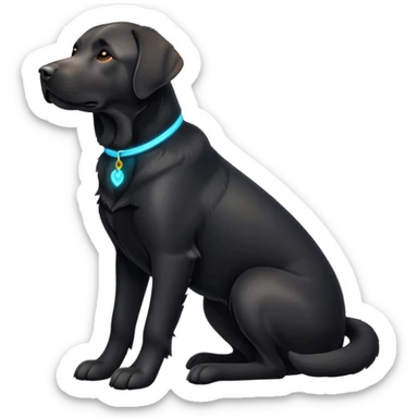 cinematic-[Labrador retriever]-realistic-full-body-sitting-emoji,-tail-resting-loosely-beside-its-paws,-head-tilted-dramatically, -sleek-[black]-fur,-simplified-yet-realistic-focused-features,-highly-detailed,-glowing-with-an-almost-sarcastic-glow sticker