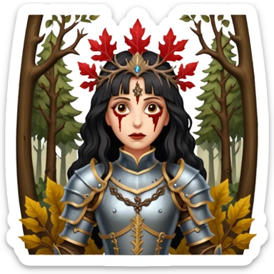 realistic cinematic actress Cher in baroque styling like Joan of Orleans dirty bloody damaged armor in a forest sticker