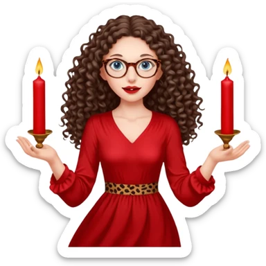 a blue eyed woman with very long brunette curly hair, full lips,and really pale skin. She is wearing a leopard printed thin round-ish glasses . She is wearing fully plain silky red dress. She is flying on the air. There are red candles in her hands. She is making a magic. sticker