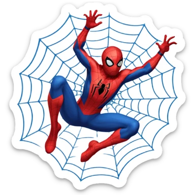 A high-quality die-cut sticker of Spider-Man in a dynamic web-swinging pose. Bold black outlines, classic red and blue suit, vibrant colors, Ben-Day dots textures. Flat 2D vector art style, white border around the edge, isolated on a plain white background, 4k resolution sticker