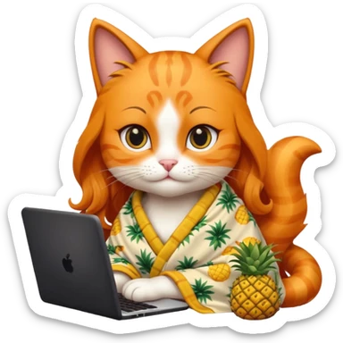 An orange female cat with a computer, with long eyelashes and black wavy hair,
She wears a blanket with pineapple patterns on her body sticker