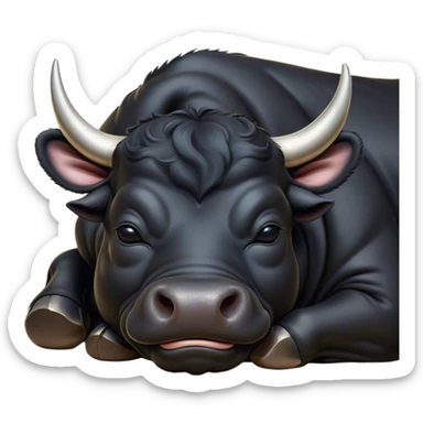 Meme-Worthy Cute Sleeping Black Bull Portrait Emoji, Head resting peacefully with a contented smile, showcasing a robust, massive build and a luxuriously soft pure black hide, eyes shut in a serene, restful nap, Simplified yet hilariously adorable features, highly detailed, glowing with a soft, drowsy light, high shine, relaxed and utterly lovable, stylized with an air of playful laziness, bright and heartwarming, soft glowing outline, capturing the essence of a comically sleepy guardian, so meme-worthy it feels like it could instantly become the next viral sensation of adorable slumber! sticker