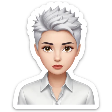 Marian Pabón with elegant facial features, light rosy complexion, expressive eyes, medium well-defined lips, sophisticated pronounced cheekbones, short spiky silver hair styled like a men's cut, dressed in a crisp white button-up shirt sticker