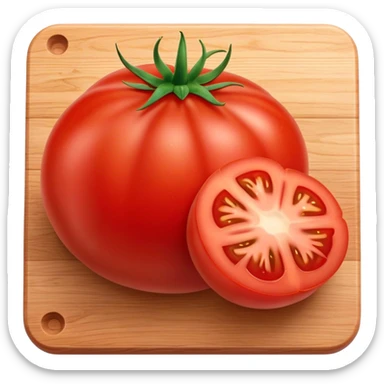 Cinematic juicy ripe tomatoe, deep red, slightly dewy, arranged on a wooden cutting board, soft glowing background, rich and flavorful. sticker