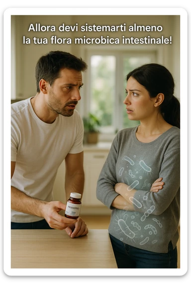 A hyper-realistic, cinematic photo of a young couple in their early 30s having a tense but calmer discussion in a bright modern kitchen. The man, fit, wearing a plain white T-shirt, holds a small probiotic supplement bottle in one hand, leaning slightly forward with a concerned yet firm expression, saying: 'Allora devi sistemarti almeno la tua flora microbica intestinale!' The woman, with dark hair in a loose ponytail, wearing a comfortable home sweater, stands with arms partially crossed, looking at him with a doubtful and confused expression, eyebrows slightly raised, lips parted as if about to respond but uncertain. Around them, faint translucent overlays of microscopic gut flora and bacteria symbols swirl softly near the woman’s abdomen, symbolizing the issue of her imbalanced gut microbiome. The kitchen is bathed in warm natural light, with green plants adding a sense of health and life, while the couple remains in sharp focus. The color palette is warm, with soft shadows and shallow depth of field highlighting the emotional tension yet care in the conversation, visually representing the discussion about gut health within the relationship sticker