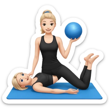 generate a pretty woman in black gym clothes doing pilates on a blue mat with a small blue ball sticker