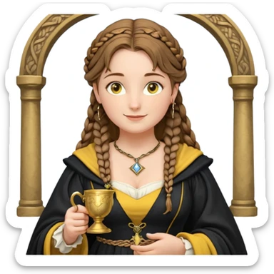 Helga Hufflepuff, light blue eyes, brown-haired, two braids, yellow-black medieval dress, black cloak decorated with gold braiding, tiny gold cup with two handles, very kind smile, half-turned in profile, curvy busty sweet woman, macromastia, thick round rosy cheeks, full length with medieval shoes sticker