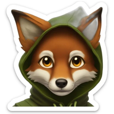 a small dark brown fox with orange eyes with a dark green hood sticker