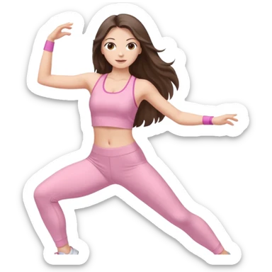 white brunette girl long hair with hazel eyes in light pink workout clothes dancing  sticker