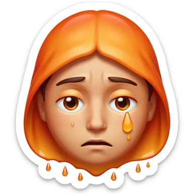 Apple-style emoji illustration of a person melted, overheated face with sweat drops, half-closed exhausted eyes, annoyed or angry expression, warm orange and red tones, soft 3D emoji style, smooth gradients, rounded shapes, centered composition. sticker