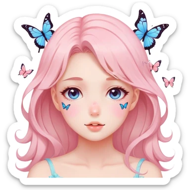 Gorgeous pastel anime style lady with blushing face and butterflies aesthetic trending style sticker