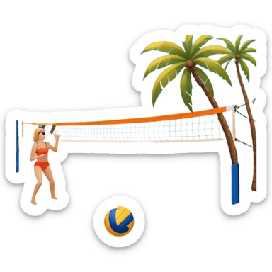 A volleyball resting on the orange sand of a beach, with a volleyball net in the background. The scene includes a beautiful beach landscape with blue sea, sky, and palm trees, while a couple of women in swimsuits play in the distance, capturing the relaxed yet competitive vibe of beach volleyball. sticker