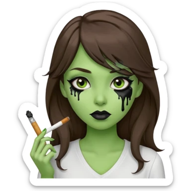 {
  "prompt": "3D cartoon-style green-skinned girl with long brown hair and a side-swept bang. Large brown eyes with black dripping makeup, white V-neck shirt, cigarette in her mouth, dark background. Same proportions and style as the original description.",
  "size": "1024x1024"
} sticker