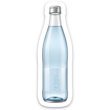 slim transparent bottle of sparkling water with small bubbles, simple silver or green or blue cap, minimal blank label, clear fizzy water, soft reflections, clean minimalistic design, 3D rendered, soft lighting, no anthropomorphic features, emoji scale sticker