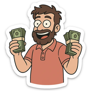 bearded brown-haired man in a polo shirt holding bundles of bills in western adult animation cartoon style sticker