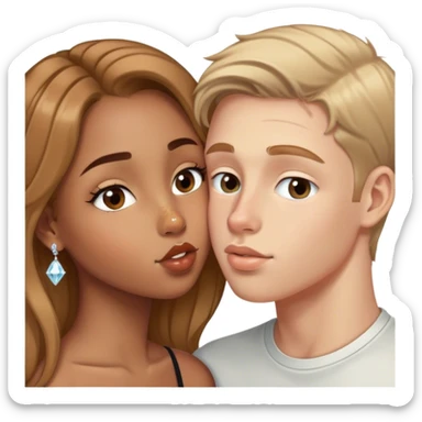 Biracial girl with a diamond nose ring kissing white boy with light brown hair sticker