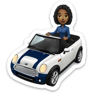 navy blue convertible Mini Cooper, with fair skin and blue eyed woman driving  sticker