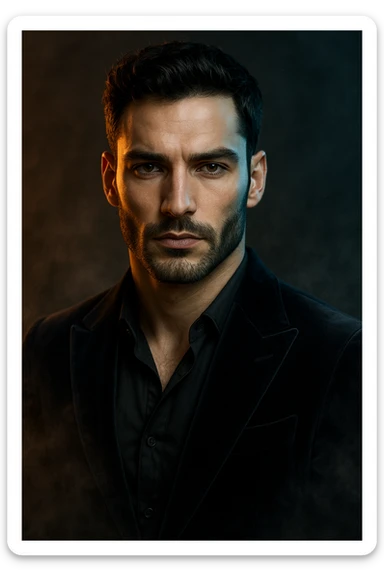 Usa questa immagine come riferimento per creare un ritratto iperrealistico e ravvicinato di un carismatico nodello maschile, ambientato in un contesto editoriale suggestivo. I volto è illuminato da fasci di luce ambrata e blU ghiaccio che contrastano tra loro, esaltando la simmetria marcata della mascella, la sottile barba incolta e uno sguardo penetrante e sicuro. I| modello indossa una giacca sartoriale scura in morbido velluto, leggermente sbottonata sul colletto. Lo sfondo sfuma in un profondo gradiente antracite con una delicata foschia cinematografica e sottili bagliori di luce. Un lieve velo di nebbia avvolge la sua silhouette, accentuando un'atmosfera sofisticata e misteriosa. L'effetto complessivo evoca un'eleganza di alta moda con un tocco moderno e malinconico, ideale per una campagna pubblicitaria di lusso o per la copertina di una prestigiosa rivista. sticker