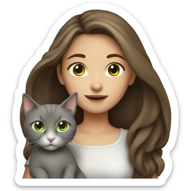 Girl with long brown hair and green eyes holding a gray cat sticker