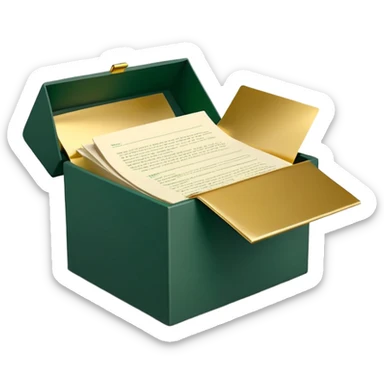 3D minimal open box with papers and documents floating out, matte finish, deep green (#0B3D2C) box, cream (#F5F5DC) papers, gold (#C9B037) subtle glow, Apple style, clean and premium, soft shadow, transparent background sticker