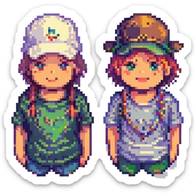 Convert this photo of two people sitting outdoors into a pixel art style portrait, focusing on their faces and hats. Use a simple pixel art palette and keep the background minimal. sticker