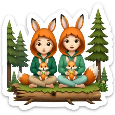 two forest women with cute fox and rabbit hoodies sitting together on log sticker
