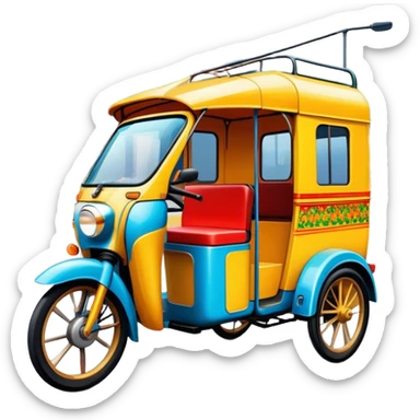 Cinematic Realistic image of a colorful auto rickshaw, rendered with detailed textures and lively, bold hues, set on a bustling urban street with dynamic, vibrant lighting that emphasizes its iconic role sticker