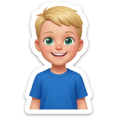 Use the same 3 year old blonde boy with green-blueish eyes as before  happy getting dressed, putting on a blue tshirt sticker