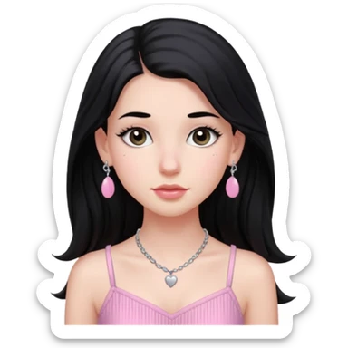 Menina branca ,cabelos pretos longos, olhos pretos puxados para cima. Cílios longos, lábios grossos ,nariz pequeno.vestido rosa claro de alça. Colar e brinco prata pontinho pequeno. Jovem  de 16 anos  sticker