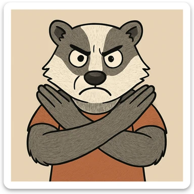 Transform the angry cartoon figure with arms crossed in an X into a badger character, maintaining the strong 'stop' gesture and cartoon style. Keep the figure's assertive and bold expression, but change the features to resemble a badger with characteristic markings and fur texture, while preserving the overall cartoon look. sticker
