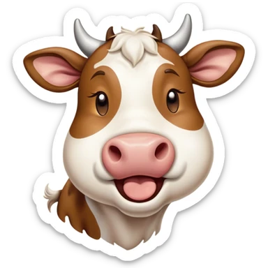 Cinematic Cute Yawning Brown and White Cow Portrait Emoji, Head tilted slightly with a dramatic, wide-open yawn, showcasing a smooth, patterned hide of brown and white, floppy ears slightly drooping, round brown eyes barely open in drowsy contentment, Simplified yet irresistibly adorable features, highly detailed, glowing with a soft, cozy glow, high shine, relaxed yet expressive, stylized with a touch of pastoral whimsy, bright and endearing, soft glowing outline, capturing the essence of a sleepy yet affectionate cow, so drowsy it feels like it could amble out of the screen and curl up for a nap! sticker