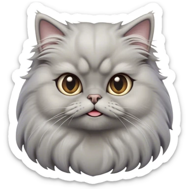 Cinematic Derpy Grey Persian Cat Portrait Emoji, Head tilted playfully with an adorably awkward expression, fluffy grey fur with soft silver undertones, Simplified yet hilariously derpy features, highly detailed, glowing with a warm but slightly confused glow, high shine, a mix of lazy and clueless, stylized with a touch of whimsy, bright but with a completely derpy and grumpy face, soft glowing outline, capturing the essence of a quirky yet chubby, grumpy kitty, so endearing it feels like it could stretch out of the screen and demand attention with its wonderfully derpy charm! sticker