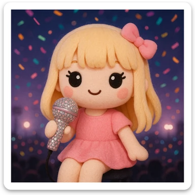 Pretty and girly Blonde pop star with bangs, holding a bedazzled microphone, reimagined as a soft kawaii plushie doll, with a nighttime concert backdrop with colorful confetti sticker
