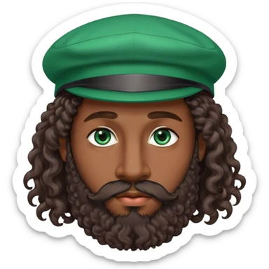 realistic man, emerald eyes, long curly hair with a cap, long well-groomed beard, dark skin, plump lips, beautiful nose sticker