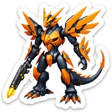 Cool Futuristic Black Orange Cyber-Digimon-Fakemon-Zekrom-Guilmon-Wargreymon-Mecha-fusion (full body) sticker