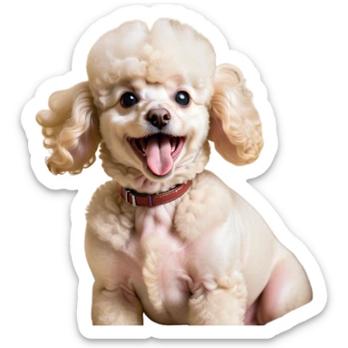 Cinematic Cute Yawning Cream Poodle Portrait Emoji, Head tilted slightly with a dramatic, wide-open yawn, displaying a soft, curly cream Fur with delicate texture, floppy ears slightly drooping, round warm eyes barely open in drowsy contentment, Simplified yet irresistibly adorable features, highly detailed, glowing with a soft, cozy glow, high shine, relaxed yet expressive, stylized with a touch of whimsy, bright and endearing, soft glowing outline, capturing the essence of a sleepy yet affectionate companion, so drowsy it feels like it could stretch right out of the screen and curl up for a nap! sticker