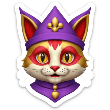 crazy colorful cute little cat jolly joker from poker, medieval, vintage, court jester, mac os icon, purple, gold and red color, half body. Squared shape as 3D mac os icon, symmetrical sticker