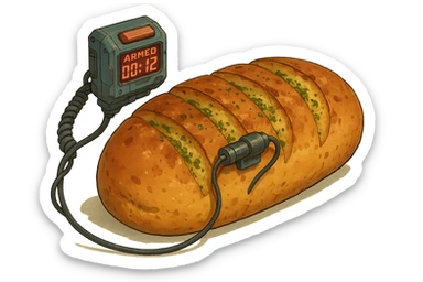 a thermonuclear hand held grenade IED, futuristic cyberpunk. The primed exlosive is garlic bread. small detonator attached to large loaf sticker
