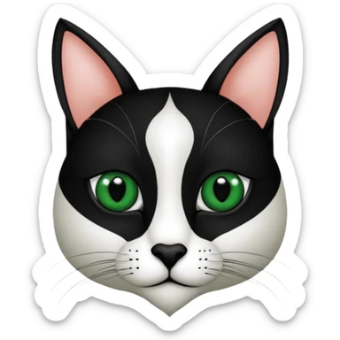 Haz una gata de ojos verdes la cara blanca con mancha negra en las orejas que agarra parte de la frente del lado der pero del iz va desde el ojo hasta la oreja la mancha, tiene la nariz negra en forma de corazón y todo lo que sobra de la cara, barbilla la nariz arriba y el lado de bigotes es blanca sticker