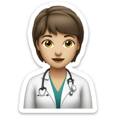 Doctor a woman with brown eyes and hair with bangs and white skin stay with a book sticker