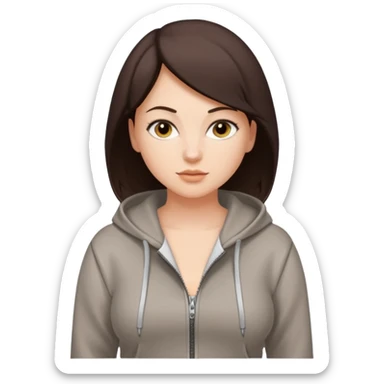 Pretty, sexy, slightly curvy white woman with short dark brown hair, wearing only a tight, open, front zippered hoodie sticker