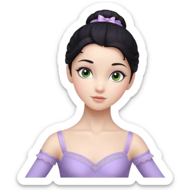 Cinematic Realistic ballerina Light Purple Portrait, depicted with lifelike skin texture, subtle rosy undertones, and soft natural lighting that enhances the gentle contours of her face. Her intricately detailed sweet black hair is elegantly styled, green eyes sticker