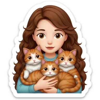 girl with long wavy brown hair snuggling 6 cats sticker