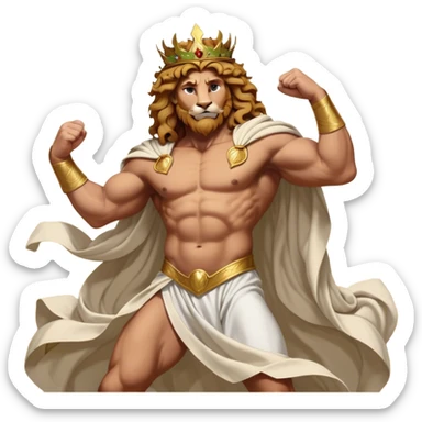 Cinematic Realistic Hercules Portrait, captured in a dramatic lion-wrestling pose that epitomizes raw, heroic strength. His light tan, athletic skin and thick, curly, golden brown hair are showcased as he grapples with a majestic lion, his refined face reminiscent of Michelangelo's David marked by noble determination. Draped in a flowing white robe with understated golden accents and crowned with a classic Greek laurel wreath, dynamic natural lighting accentuates every muscular contour and fierce, commanding expression, embodying the essence of ancient valor. sticker