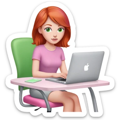Red head green eyed  sat at desk with pink MacBook on pink chair sticker