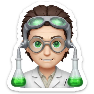 mutant scientist portrait, head and shoulders only, exposed glowing brain, broken goggles, evil smile, mad lab vibe, 3D cartoon, mobile game icon style, clean background, no text, no watermark

 sticker