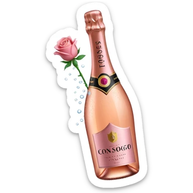 bottle of sparkling rosé champagne with a rose logo on the label, tilted up and to the right, no glass sticker