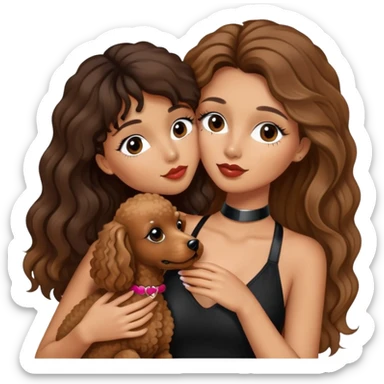 girl with long balayage hair and long lashes, wearing black halterneck top, and holding and kissing a brown poodle sticker