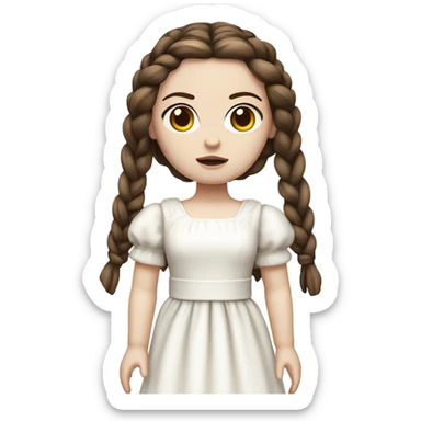 Doll with brown straight hair in braids, wearing a white dress and a serious expression. She has pale skin and a classic porcelain doll appearance, looking terrifying. sticker